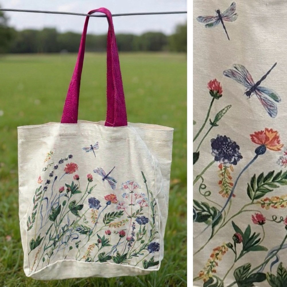 Shabby Chic Floral Canvas Reusable Tote Bag with Hot Pink Handles